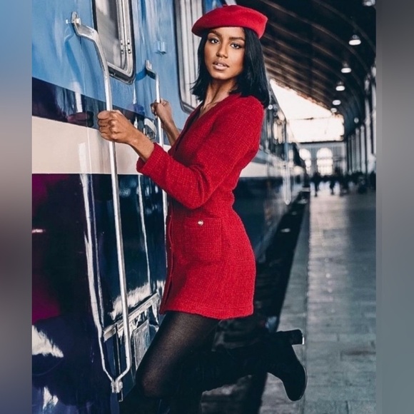 ZARA Textured Weave Blazer Dress Burgundy Red Gold Size S - Picture 2 of 16
